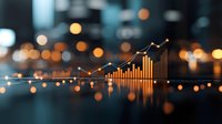 Financial graph showing upward trend with glowing orange bars and line chart against dark blurred background with bokeh lights, representing business growth and success.