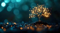 Glowing golden tree with sparkling lights on dark soil against bokeh background symbolizing growth, hope and magical transformation in nature.