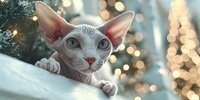 Adorable hairless sphynx kitten with large ears resting on soft white blanket near decorated Christmas tree with warm golden bokeh lights in background.