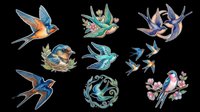 Colorful swallow birds clipart set, isolated on transparent background, ready for t-shirt design, stickers, sublimation, print on demand, and digital crafts.