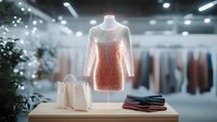 Elegant sequin dress on mannequin in upscale boutique with white handbag and folded garments, soft bokeh lighting creates luxurious shopping atmosphere.