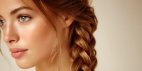 Young woman with auburn braided hair and natural makeup in profile against neutral beige background, showcasing elegant beauty styling.