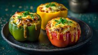 Colorful bell peppers stuffed with cheese and meat mixture, baked until golden and garnished with fresh herbs on dark plate against teal background.