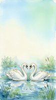 Pair of white swans forming heart shape on tranquil pond with aquatic plants and soft watercolor sky, suitable for wedding invitations and romantic designs.