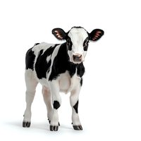 Young Holstein calf with black and white spots standing on white background, isolated cutout for agricultural and farming designs.