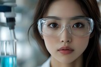 Young Asian female scientist wearing protective eyewear in laboratory setting with blue liquid in glass container, demonstrating research and scientific work in modern facility.
