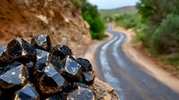 Black quartz crystal cluster formation on rocky outcrop overlooking winding dirt road through green landscape, natural mineral specimen in outdoor setting.