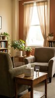 Cozy living room interior with comfortable armchairs, wooden coffee table, houseplants and warm natural lighting through window curtains for home decor.