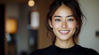 Young Asian woman with natural makeup and messy bun hairstyle wearing black sweater smiling warmly at camera against blurred interior background.