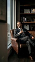 Confident middle-aged Caucasian businessman in gray suit sitting in leather chair by window in elegant office with bookshelves and certificates for corporate success.