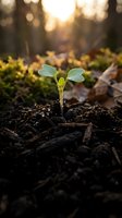 Young green seedling emerging from dark soil with warm sunlight and bokeh background representing new life, growth and environmental sustainability.