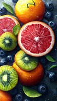 Fresh citrus fruits and berries composition with water drops - grapefruit, orange, kiwi and blueberry slices on dark background with green leaves.