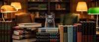 Gray cat sitting on stack of books in cozy library with warm lighting and bookshelves, perfect for reading and literature themes.