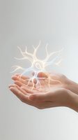 Glowing neuron cell floating above cupped hands representing brain health, medical research, neurological science and mental wellness concepts for healthcare design.