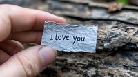 Hand holding small torn paper note with handwritten I love you message against rustic wood texture background, romantic declaration concept.