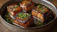 Glazed pork belly chunks with green onions in Asian sauce, served in ceramic bowl on wooden table. Close up view of caramelized meat with garnish.