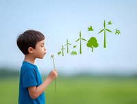 Young boy in blue t-shirt blowing on dandelion with green renewable energy icons appearing, symbolizing environmental awareness and sustainable future dreams.