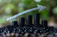 Growing bar chart made of black caviar with silver glitter arrow pointing upward on blurred green background, representing luxury business growth and success.