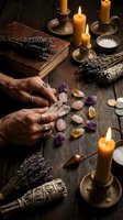 Elderly hands arranging healing crystals and gemstones on wooden table with burning candles, ancient books, sage bundles for spiritual wellness rituals.
