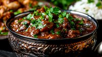 Hearty bean stew with fresh herbs in ornate ceramic bowl, comfort food for restaurant menus and culinary blogs.