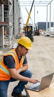 Construction worker in safety gear using laptop at building site with crane and industrial equipment in background for project management.