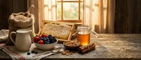 Rustic breakfast scene with whole grain bread, fresh berries, honey jar, oats and milk on wooden table with warm morning sunlight streaming through window.