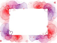 Watercolor frame with pink and purple splashes, hearts and white space for text. Romantic border for Valentine's Day cards, wedding invitations and love messages.