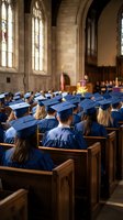 Graduates in caps and gowns seated in historic chapel during commencement ceremony with stained glass windows and gothic architecture for academic achievement.