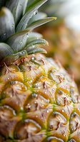 Fresh pineapple macro with water drops on textured yellow skin and green leaves, showing natural pattern and moisture in extreme closeup detail.