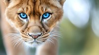 Young lion cub with striking blue eyes and golden fur gazing directly at camera against soft blurred natural background for wildlife photography projects.