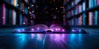 Magical glowing open book with floating light particles against dark background with neon blue and purple lights, creating mystical atmosphere for fantasy concepts.