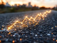 Glowing financial chart arrow rising on asphalt road at sunset, representing growth, success and future economic prosperity in business concept.