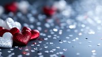 Red and silver glitter hearts scattered on dark background with bokeh lights and copy space, romantic Valentine's Day or anniversary celebration concept.