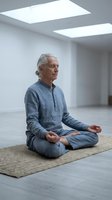 Senior man with gray hair and Caucasian ethnicity meditating in lotus position on mat in bright, minimalist studio space with skylights. Wellness and mindfulness.