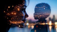 Double exposure silhouette of romantic couple against city lights and night sky, artistic portrait showing urban landscape merged with faces in profile.