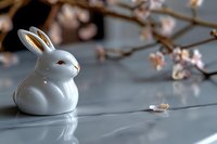 White ceramic bunny figurine on reflective surface with soft focus cherry blossoms in background creating serene spring atmosphere.