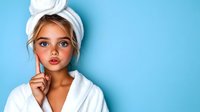Young woman in white bathrobe and hair towel with bright orange lipstick and blue eyes against turquoise background, fresh spa beauty portrait with thoughtful expression.