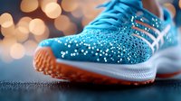 Blue running shoe with water droplets and bokeh light effects in background, showcasing sports equipment detail with orange sole and white accents. For athletic and lifestyle content.