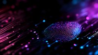 Digital fingerprint scan with glowing neon pink and blue lights on dark background, futuristic biometric security technology concept for cybersecurity and data protection.