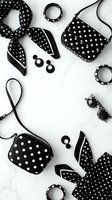 Monochrome flat lay of polka dot fashion accessories including scarves, crossbody bags, sunglasses, and studded bracelets arranged on white marble background for styling and fashion content.