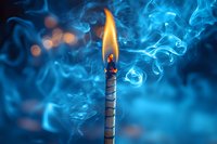 Burning candle with glowing flame and ethereal blue smoke swirls against dark background, creating mystical atmosphere for spiritual and meditation concepts.