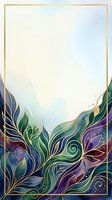 Ornate botanical frame with flowing leaves and swirling vines in jewel tones of emerald, sapphire, and amethyst accented with gold filigree on cream background. Isolated design element.