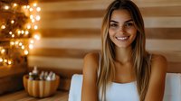 Young woman with long blonde hair smiling warmly in cozy interior setting with bokeh lights and rustic wooden wall background, wearing white top, natural makeup look.