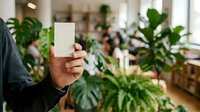Person with dark skin tone holding blank white card in plant-filled indoor space, ideal for business messaging and botanical retail marketing.