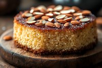 Homemade almond cake with caramelized top and roasted nuts on rustic wooden board, close-up view showing moist texture and golden brown surface.