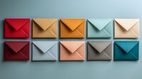 Colorful envelope collection arranged in neat rows showing various paper textures and hues for correspondence, stationery design, and mailing concepts.