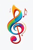 Colorful rainbow treble clef with floating musical notes on white background, perfect for music education materials, festival posters, and creative design projects.