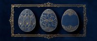 Three ornate golden Easter eggs with intricate decorative patterns on dark blue background. Elegant vintage design elements for holiday greeting cards and spring celebrations.