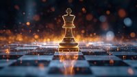 Chess king piece standing on illuminated chessboard with glowing orange bokeh lights and dramatic atmosphere, symbolizing leadership and strategic victory.