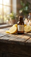 Amber glass essential oil bottle with cork stopper and fresh lemon slices on rustic wooden table in warm sunlit room with candles and soft bokeh lighting.
